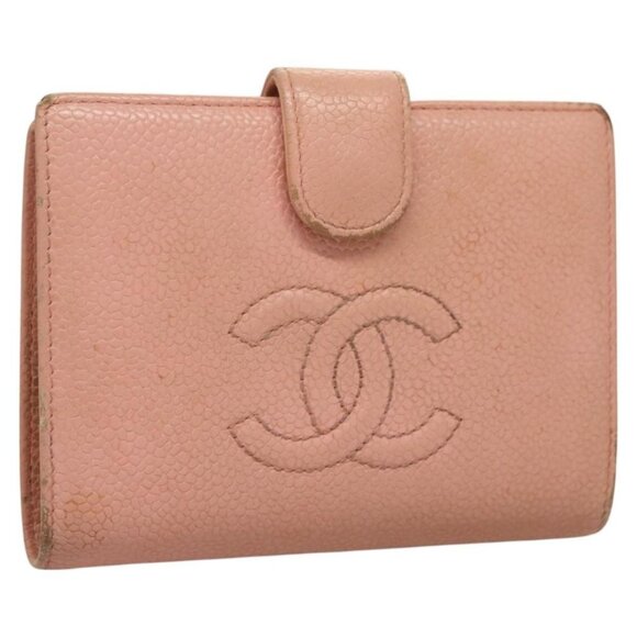 CHANEL Grained Calf Skin COCO Mark Bifold Wallet Pink Gold CC Auth am8671 - Picture 1 of 16